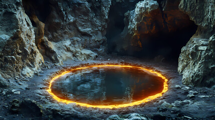 Wall Mural - Mysterious ancient chamber with glowing circular pool, surrounded by dark rocky formations. Dark Surrealist Reflection Pool. Illustration