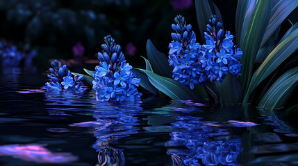 Wall Mural - Surreal water hyacinth bloom, pond fantasy. Dark Surrealist Reflection Pool. Illustration