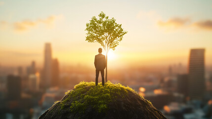 Poster - Businessman standing on a hill with a small tree at sunrise looking at the city in the background, concept of ecology and environment