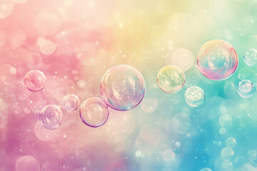 Poster - Pastel-colored soap bubbles float in a dreamy, bokeh-filled background.