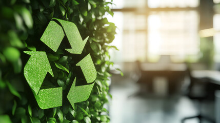 Poster - Recycle symbol made of green leaves promoting eco-friendly practices and environmental awareness in a modern sustainable office