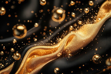 Poster - Golden glitter flows on black silk, creating a luxurious and elegant effect with shimmering droplets.