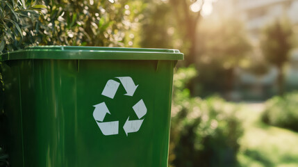 Poster - Green recycling bin with recycling symbol in a park, promoting environmental awareness and waste sorting