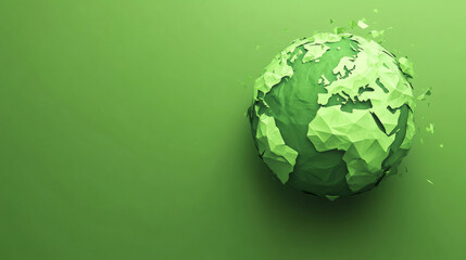 Poster - Green low poly Earth globe is breaking apart on a green background, symbolizing environmental destruction