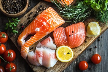 Aufkleber - Fresh salmon fillets and vegetables on wooden cutting board with herbs and spices displayed for meal preparation. Generative AI