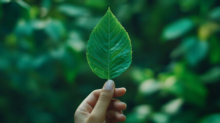 Poster - Green leaf delicately grasped by human hand, soft forest background highlighting natural connection and ecological preservation