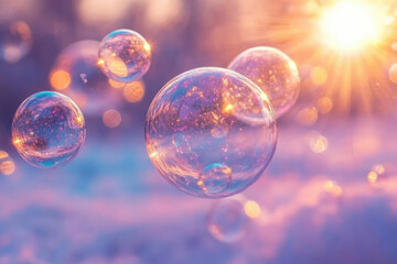 Poster - Magical iridescent soap bubbles float in a sunset, reflecting warm light and creating a dreamy atmosphere.