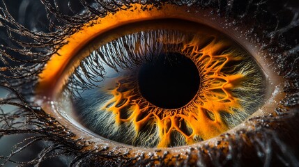 Poster - Exploration of a mesmerizing eye close-up showcases fiery orange hues and intricate details within the iris. This captivating view draws attention to the beauty of the human gaze