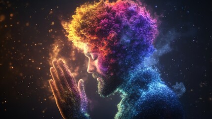 Poster - Person with colorful hair raising hand with holographic aura details under studio lighting conditions