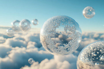 Poster - Floating transparent spheres filled with smaller bubbles, above a fluffy cloud landscape under a bright sky.