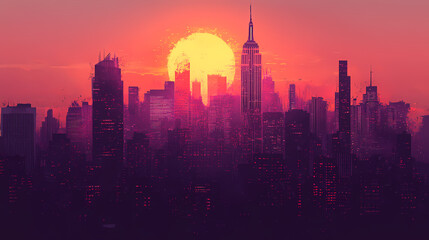 Poster - Stylized sunset view of new york city skyline illustration. generative ai image. Nightmarish Shapeshifting Figure. Illustration