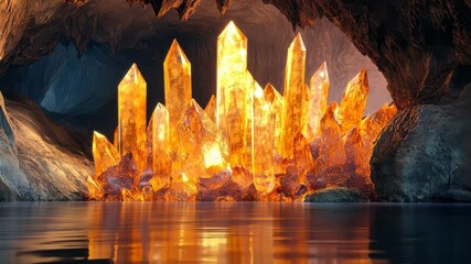 Poster - glowing crystal cave landscape with reflective water and vibrant formations, glowing crystal cave fa