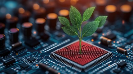 Poster - green leaf on computer motherboard with tree growing at the intersection of electronic circuits