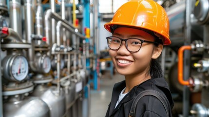 Poster - A smiling young woman in safety gear poses in an industrial setting, surrounded by machinery and pipes, showcasing a blend of professionalism and confidence.