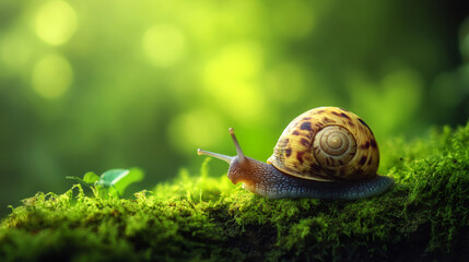 Poster - Woodland snail gliding over verdant moss, nestled amid softly blurred forest greenery