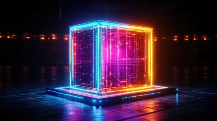 Fototapete - Glowing cube in dark environment showcasing futuristic design for virtual reality project visualization