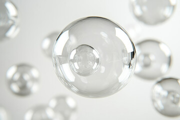 Poster - Abstract image of translucent spheres, possibly representing cells or bubbles, floating in a white background.