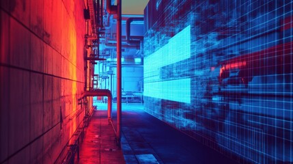 Poster - Thermal imaging reveals gas leak with contrasting heat signatures in high tech analysis setting. Generative AI