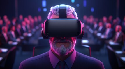 Poster - Senior business manager using virtual reality headset in office environment for immersive experience