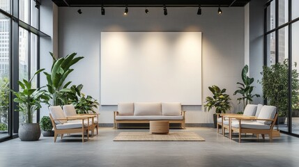 Poster - In a contemporary lounge area, natural light floods through large windows, illuminating a blank wall, perfect for showcasing art or design. Minimalistic furniture and greenery enhance the atmosphere