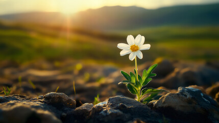 Aufkleber - Close-up of a white flower growing between rocks in a mountain landscape at sunset, symbolizing resilience and the power of nature