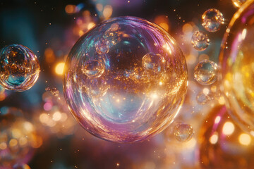 Poster - A mesmerizing display of iridescent bubbles, reflecting vibrant colors and sparkling lights, creating a cosmic scene.