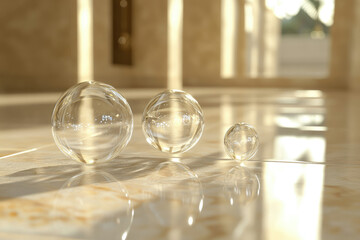 Poster - Three glass spheres of varying sizes sit on a polished marble surface, reflecting light.