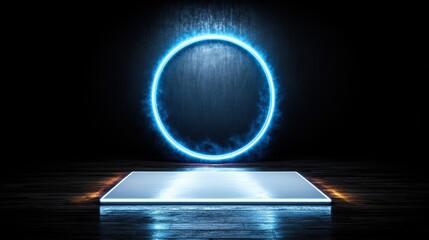 Poster - Tablet with glowing circle on screen in abstract 3d room with white background and ambient light effects