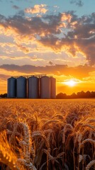 Aufkleber - Granaries stand tall against the backdrop of a breathtaking sunset, with deep orange and gold light bathing the cornfield. The tranquility of the moment invites reflection and appreciation