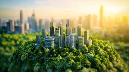 Aufkleber - Modern sustainable city built on a sphere covered by a lush forest, promoting eco-friendly urban development and harmony with nature