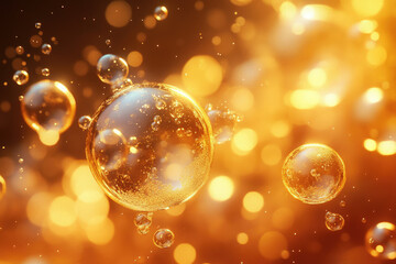 Poster - Golden, shimmering bubbles float in a warm, amber liquid, creating a luxurious and elegant abstract image.