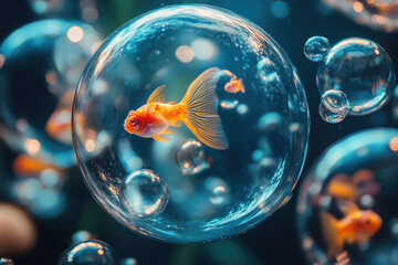 Poster - A goldfish swims inside a transparent bubble, surrounded by other bubbles and goldfish.
