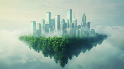 Poster - Surreal futuristic cityscape built on a green oasis floating above the clouds, promoting sustainable urban development and ecological balance