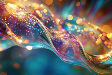 Poster - Abstract iridescent wave with glittering particles, vibrant colors and bokeh lights.