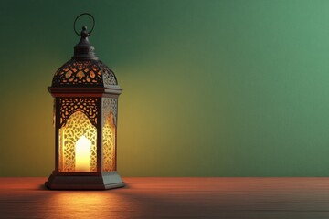 Poster - A Lit Decorative Lantern Sitting on a Wooden Surface