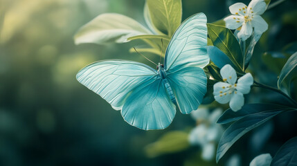 Poster - Blue morpho butterfly displaying vibrant wings resting on blooming tropical flora