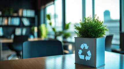 Poster - Small green plant growing in a recycling bin placed on an office desk, promoting eco-consciousness and sustainable practices within the workplace