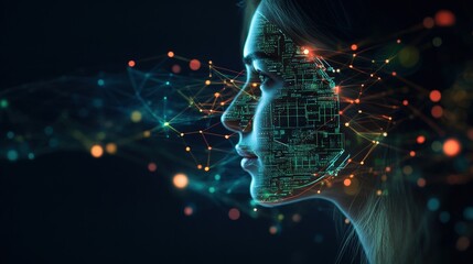 Poster - Womans face with digital circuit for biometric facial recognition technology concept