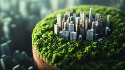 Aufkleber - Miniature urban landscape surrounded by lush greenery, representing harmonious integration of city infrastructure with natural environment