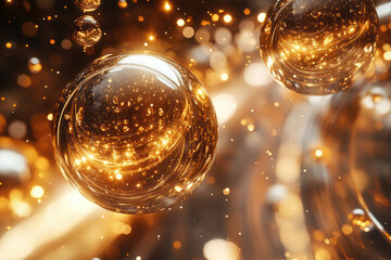 Poster - Golden spheres with internal glowing lights, sparkling particles in motion, abstract background.