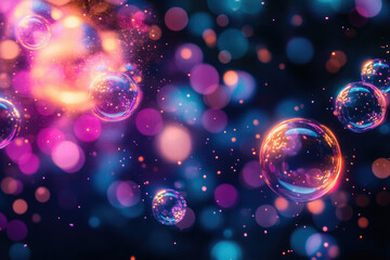 Poster - Vibrant, iridescent bubbles float in a dark space filled with colorful bokeh lights, creating a magical, dreamy atmosphere.