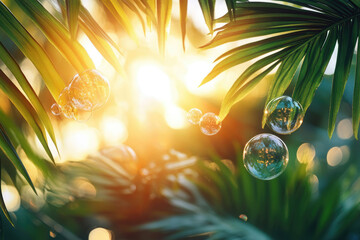 Aufkleber - Sunlight filters through palm leaves, illuminating floating soap bubbles in a tranquil, tropical scene.