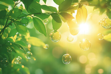Poster - Sunlight illuminates transparent spheres hanging from vibrant green leaves, creating a serene, natural scene.