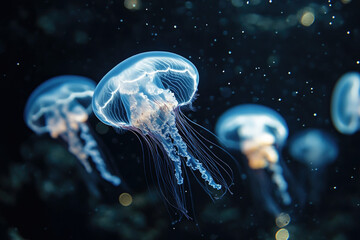 Poster - Mesmerizing bioluminescent jellyfish gracefully float in the dark ocean depths.