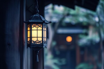 Canvas Print - Illuminated lantern hanging outdoors on a traditional Japanese building