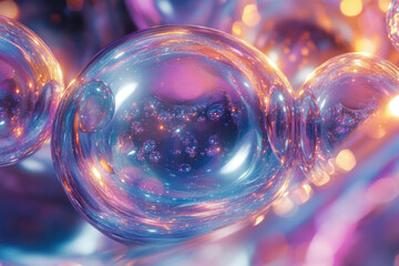 Poster - Interconnected iridescent spheres reflecting a vibrant, cosmic nebula within their glassy surfaces.