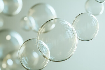 Poster - A cluster of translucent bubbles floats, showcasing their delicate spherical forms and reflective surfaces against a soft, muted background.