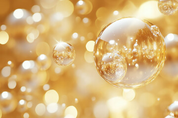 Poster - Golden shimmering bubbles float in a bokeh background, creating a luxurious and elegant visual.