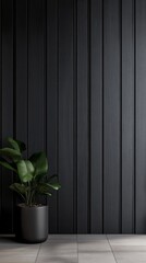 Aufkleber - A sleek black wooden wall panel sets a sophisticated backdrop, complemented by a stylish pot with vibrant green foliage. This elegant arrangement enhances modern interior aesthetics