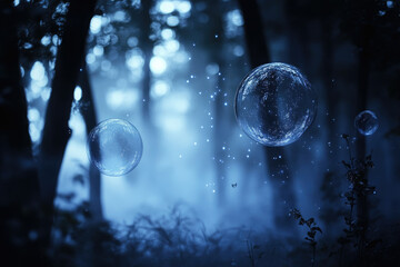 Poster - Enchanted forest with glowing orbs and magical particles floating among the trees.
